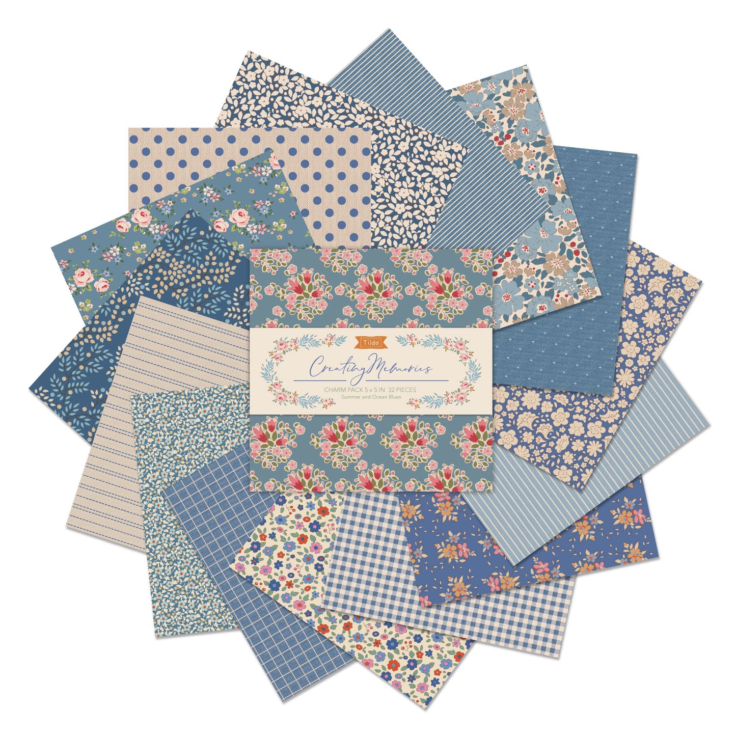 Tilda Fabric: Charm Pack: Permanent: Creating Memories: 12.5 x 12.5cm: Summer: 32 Pieces